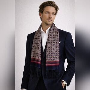 QINREN Double-Faced 100% Silk Satin Scarf Fringe Navy Red Medallion 52x11in